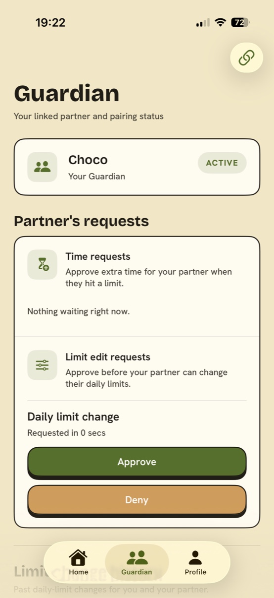 Guardian view: linked partner status and approve or deny buttons for a request