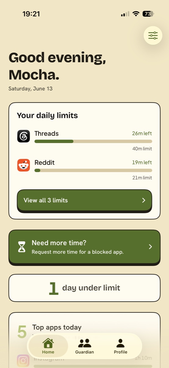 Grounded home screen: today's app limits with progress bars, a one-day streak, and a button to request more time